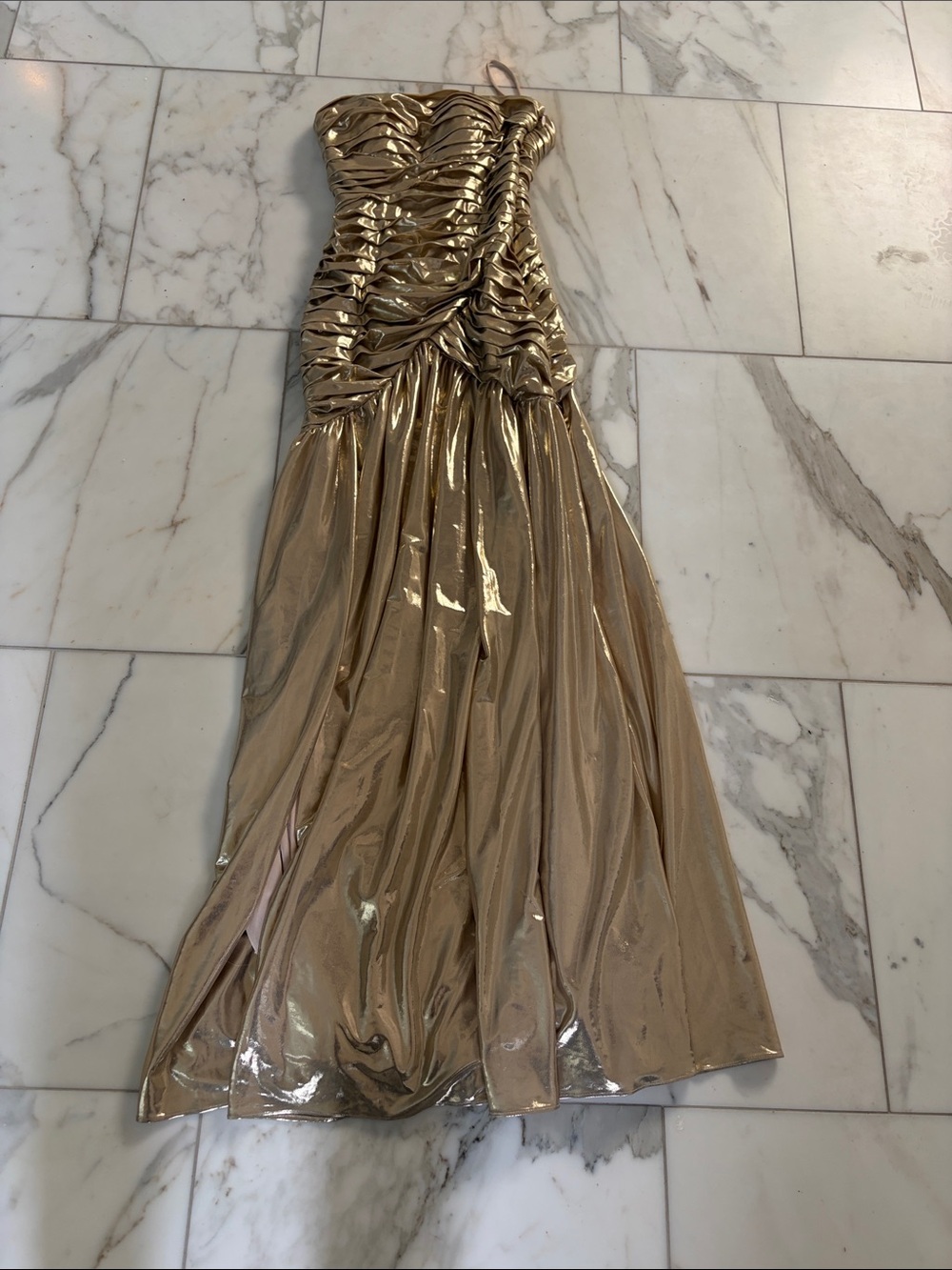Retrofete Josie Strapless Ruched Metallic Gold Evening Gown size 4
